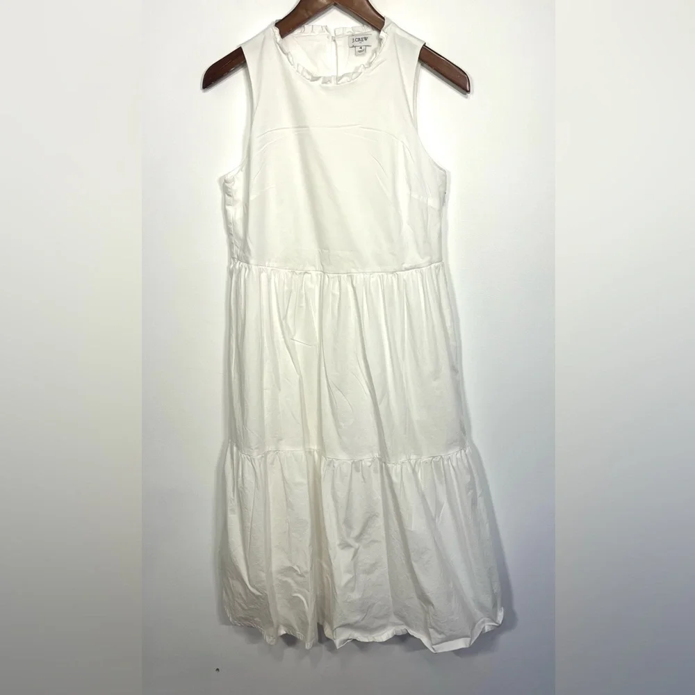 J Crew white cotton tiered midi dress ruffle neck, beach, coquette, coastal 4 - Picture 2 of 6
